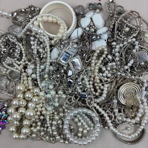 Craft Jewelry Lot - 4 lbs Silver Tone Rhinestones Faux Pearls Bling Sparkle